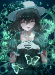 Rule 34 | 1girl, absurdres, bug, butterfly, commentary, dark green hair, dress, emotion (love live!), facing viewer, fang, gears, gloves, green dress, hat, highres, insect, jewelry, love live!, love live! nijigasaki high school idol club, mifune shioriko, nanao (m44132yf), necklace, open mouth, pearl necklace, puffy short sleeves, puffy sleeves, red eyes, short hair, short sleeves, solo, upper body, white gloves, white hat