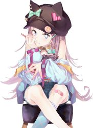 Rule 34 | 1girl, absurdres, animal hat, babydoll, badge, bandaid, bandaid on knee, bandaid on leg, bare shoulders, belt, black babydoll, black hat, blue belt, blue bow, blue eyes, blue jacket, blue socks, bow, button badge, cabbie hat, candy, cat hat, cigarette candy, commentary, crossed legs, denim, denim shorts, feet out of frame, film grain, food, furisuku, goggles, goggles around neck, hair ornament, hairclip, hand on own cheek, hand on own face, hat, hat bow, hat ornament, highres, hoshino nyaa, huge filesize, indie virtual youtuber, jacket, kneehighs, light purple hair, long hair, long sleeves, looking at viewer, nail polish, o-ring, o-ring belt, photoshop (medium), pink belt, pink nails, polka dot, polka dot bow, psd available, shorts, single kneehigh, single sock, sitting, skye-hime, smiley face, socks, solo, star-shaped eyewear, star (symbol), star hat ornament, star in eye, stool, symbol in eye, transparent background, two-sided fabric, two-sided jacket, very long hair, virtual youtuber