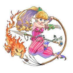 Rule 34 | 1girl, :d, blonde hair, blue eyes, blue footwear, breasts, claw (weapon), earrings, ebi typer, flaming weapon, full body, holding, holding polearm, holding spear, holding weapon, jewelry, leotard, open mouth, pants, pointy ears, polearm, ponytail, primm (seiken densetsu 2), seiken densetsu, seiken densetsu 2, shoes, simple background, small breasts, smile, solo, spear, striped clothes, striped pants, twisted torso, weapon, whip, white background