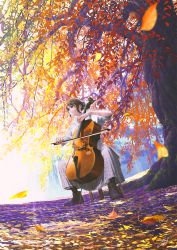 Rule 34 | 1girl, autumn leaves, black footwear, black hair, black pantyhose, boots, cello, closed mouth, collared shirt, commentary request, day, grey skirt, highres, holding, holding instrument, instrument, looking at viewer, mocha (cotton), original, outdoors, pantyhose, shirt, skirt, solo, spread legs, tree, white shirt