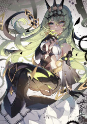 Rule 34 | 1girl, absurdres, ai xiao meng, asymmetrical gloves, bare shoulders, black dress, black gloves, breasts, claw ring, cleavage, crown, dress, gloves, green eyes, hair between eyes, highres, honkai (series), honkai impact 3rd, long hair, looking at viewer, mismatched gloves, mobius (honkai impact), see-through, see-through sleeves, single sleeve, sleeveless, sleeveless dress, solo, tongue, tongue out, wavy hair