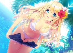Rule 34 | 1girl, artist name, atago (kancolle), beach, bikini, bikini day, blonde hair, blush, breasts, carnelian, cleavage, clothes pull, collarbone, cowboy shot, day, denim, denim shorts, dutch angle, flower, hair flower, hair ornament, kantai collection, large breasts, leaning forward, long hair, looking at viewer, navel, open mouth, outdoors, shorts, shorts pull, solo, sun, swimsuit, tree, upper body, white bikini
