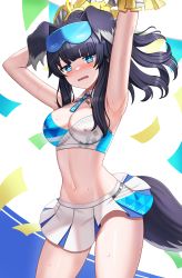 Rule 34 | 1girl, absurdres, animal ears, armpits, arms up, bare shoulders, black hair, blue archive, blue eyes, blunt bangs, blush, breasts, bright pupils, cheerleader, cleavage, confetti, cowboy shot, crop top, dog ears, dog girl, dog tail, eyeshadow, eyewear on head, facial mark, goggles, goggles on head, halo, halterneck, hibiki (blue archive), hibiki (cheer squad) (blue archive), highres, holding, holding pom poms, jitome, long hair, looking at viewer, makeup, medium breasts, melreon, midriff, millennium cheerleader outfit (blue archive), navel, open mouth, pom pom (cheerleading), pom poms, sidelocks, simple background, skirt, solo, star (symbol), star facial mark, star sticker, star tattoo, sticker on face, tail, tattoo, white skirt