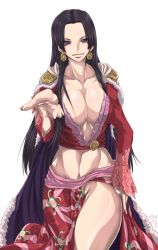 Rule 34 | 1girl, amazon lily, amazon warrior, bad id, bad pixiv id, black hair, boa hancock, breasts, cape, cleavage, female focus, large breasts, long hair, madhatter hello, midriff, one piece, reaching, reaching towards viewer, simple background, solo