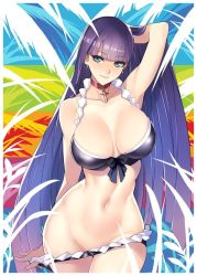Rule 34 | 1girl, adjusting hair, arm up, armpits, ban! (bansankan), bare shoulders, bikini, bikini pull, black bikini, blue eyes, blunt bangs, blush, border, breasts, choker, clothes pull, collarbone, cowboy shot, cross, cross necklace, earrings, fate/grand order, fate (series), frilled bikini, frills, groin, jewelry, large breasts, linea alba, lips, long hair, looking at viewer, martha (fate), martha (swimsuit ruler) (fate), medium breasts, narrow waist, navel, necklace, pulled by self, purple hair, smile, solo, standing, swimsuit, undressing, very long hair, white border, wide hips