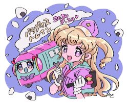Rule 34 | 1girl, :d, baseball cap, blonde hair, commentary request, cropped torso, dated, food, gloves, hammer, hands up, hat, holding, holding hammer, holding wrench, idol time pripara, jacket, long hair, looking at viewer, onigiri, open mouth, pink hat, pink jacket, pretty series, pripara, purple eyes, rice, ringlets, rituyama1, short sleeves, signature, smile, smoke, solo, takki (pripara), train, translation request, two side up, upper body, white gloves, wrench, yumekawa yui