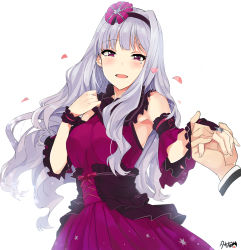 Rule 34 | 10s, 1girl, :d, absurdres, bare shoulders, blush, detached sleeves, dress, gloves, hairband, highres, holding hands, idolmaster, idolmaster (classic), idolmaster million live!, long hair, looking at viewer, open mouth, petals, pov, purple eyes, shijou takane, silver hair, simple background, smile, solo focus, tears, tuxedo de cat, white background