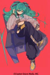 Rule 34 | 1girl, alternate costume, aqua eyes, aqua hair, baggy pants, black panther, chair, cogecha, crop top, english text, flat color, full body, grey shirt, hairband, hatsune miku, highres, hip vent, crossed legs, ligne claire, long hair, long sleeves, looking at viewer, midriff, navel, original, panther, pants, red background, shirt, shoes, simple background, solo, vocaloid