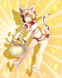 Rule 34 | 1girl, ahoge, animal ears, ankleband, barefoot, bell, brown eyes, cat ears, cat girl, cat tail, coin, fang, feet, gold, goutokuji mike, highres, koban (gold), maneki-neko, midriff, multicolored shirt, multicolored tail, neck bell, patch, shadow, short hair, short sleeves, skirt, smile, soles, solo, sunnysideup, symbol in eye, tail, toes, touhou, yen sign