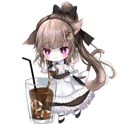 Rule 34 | + +, 1girl, animal ears, bad id, bad pixiv id, blush, bow, brown hair, cat ears, cat tail, chibi, cup, drinking glass, drinking straw, frills, hair bow, hair ornament, highres, ice, ice cube, long hair, maid, open mouth, original, ponytail, purple eyes, sakura mochiko, solo, tail, transparent background, very long hair