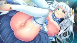 Rule 34 | 1girl, anus, ass, blush, breasts, breasts out, censored, closed mouth, crown, dress, fiori romertania, game cg, gloves, green eyes, groin, huge breasts, legs, legs together, legs up, long hair, looking down, lying, mosaic censoring, nipples, no panties, original, oshare kyoushitsu, pussy, pussy juice, silver hair, solo, sweat, thighhighs, thighs, twintails, wet, zettai fukujuu princess: kijoku kakumeiroku