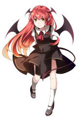 Rule 34 | 1girl, akimatsu, alternate eye color, arms behind back, ascot, bat wings, colored eyelashes, demon tail, dress shirt, eyelashes, full body, head wings, highres, kneehighs, koakuma, leaning forward, long hair, long sleeves, pointy ears, red hair, shirt, shoes, simple background, skirt, skirt set, smile, socks, solo, standing, standing on one leg, tail, touhou, white background, white shirt, wings, yellow eyes