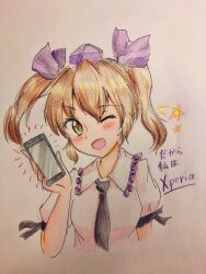 Rule 34 | 1girl, cellphone, english text, graphite (medium), hat, holding, holding phone, looking at viewer, medium hair, necktie, one-hour drawing challenge, one eye closed, open mouth, orya 422, phone, purple hat, smartphone, smile, solo, star (symbol), tokin hat, touhou, traditional media, twintails, white background