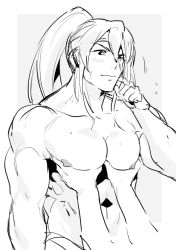 Rule 34 | 1boy, abs, closed mouth, collarbone, fate/grand order, fate (series), grabbing, greyscale, groping, haiki (tegusu), headband, long hair, male focus, monochrome, multicolored background, nipples, nude, pectoral grab, pectorals, ponytail, rectangle, simple background, solo, tawara touta (fate), upper body