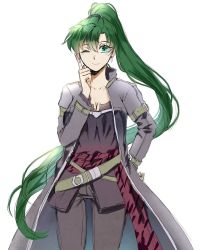 Rule 34 | 1girl, bad id, bad twitter id, cosplay, fire emblem, fire emblem: the blazing blade, fire emblem heroes, green eyes, green hair, high ponytail, jacket, long hair, looking at viewer, lyn (fire emblem), nintendo, ponytail, smile, solo, wani (fadgrith)