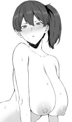 Rule 34 | 1girl, absurdres, blush, breasts, cleavage, collarbone, disgust, greyscale, hair between eyes, hanging breasts, highres, huge breasts, kaga (kancolle), kantai collection, looking at viewer, monochrome, nipples, nude, open mouth, side ponytail, simple background, solo, sweat, takaman (gaffe), upper body, white background
