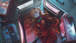 Rule 34 | 1girl, aged down, aged up, blue eyes, bodysuit, breasts, brown hair, cola-alter, the end of evangelion, evangelion: 3.0+1.0 thrice upon a time, from above, grin, hair between eyes, headgear, highres, long hair, looking at viewer, lying, neon genesis evangelion, on back, parted lips, plugsuit, rebuild of evangelion, red bodysuit, small breasts, smile, solo, souryuu asuka langley, television, torn clothes, very long hair, wooden floor