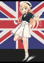 Rule 34 | 1girl, :d, annin musou, bad id, bad twitter id, black footwear, blonde hair, blue eyes, blue sailor collar, dress, gloves, hat, highres, jervis (kancolle), kantai collection, long hair, open mouth, sailor collar, sailor dress, shoes, short sleeves, smile, socks, solo, union jack, white gloves, white hat, white socks