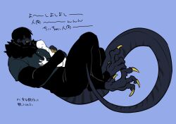 Rule 34 | 1boy, 1other, animal feet, black hair, black pants, blue background, blue skin, claws, closed eyes, colored skin, crossed ankles, digitigrade, dinosaur boy, dinosaur tail, elbow gloves, facing to the side, fingerless gloves, full body, fur collar, gloves, highres, hug, large pectorals, lying, male focus, mame tori, monster boy, muscular, muscular male, on back, open mouth, original, pants, pectorals, reptile boy, sharp teeth, short hair, simple background, tail, teeth, very short hair