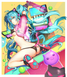 Rule 34 | 1girl, :3, absurdres, alternate costume, animal ears, aqua eyes, aqua hair, arcade, arcade cabinet, arm behind head, armpits, arms up, ass, back, ball, bikini, black bikini, breasts, cat, cat ears, cat tail, closed mouth, club, club (weapon), cube, dutch angle, eyelashes, fake animal ears, flame print, floating hair, from behind, frown, full body, glowing, greetload, hatsune miku, headphones, highres, holding, holding weapon, jacket, kanabou, lens flare, long hair, looking at viewer, looking back, paw print, rubik&#039;s cube, see-through, shoes, short sleeves, sideboob, sitting, solo, spikes, string bikini, swimsuit, tail, transparent, twintails, unzipped, very long hair, vocaloid, wariza, weapon, yellow background