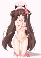 Rule 34 | 1girl, absurdres, animal ears, bare shoulders, bikini, blue archive, blush, breasts, brown hair, clothes pull, collarbone, finger to mouth, flower, frilled bikini, frills, hair flower, hair ornament, halo, heart, highleg, highleg bikini, highres, index finger raised, kneeling, komasi, long hair, looking at viewer, maid headdress, navel, pink bikini, purple eyes, shizuko (blue archive), shizuko (swimsuit) (blue archive), small breasts, solo, swimsuit, twintails, untied bikini, very long hair, white background