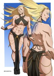 Rule 34 | 1girl, abs, absurdres, ahoge, antenna hair, artist request, ass, back, bare shoulders, bikini, black bikini, blonde hair, boku no hero academia, breasts, brown eyes, chain, cleavage, from side, gold chain, highres, large breasts, long hair, muscular, muscular female, one eye closed, smile, solo, star and stripe (boku no hero academia), swimsuit, thighs, yomorio lingerie