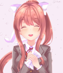 Rule 34 | 1girl, ^ ^, artist name, blazer, blush, bow, breasts, brown hair, brown vest, closed eyes, doki doki literature club, facing viewer, hair bow, hair ornament, hair ribbon, hand on own chest, happy, holding, holding paper, jacket, long hair, long sleeves, medium breasts, monika (doki doki literature club), open mouth, oz kun, paper, pink background, ponytail, ribbon, school uniform, shirt, sidelocks, signature, simple background, smile, solo, tears, teeth, upper body, very long hair, vest, white bow, white ribbon, white shirt
