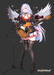 Rule 34 | 1girl, breasts, closers, full body, gloves, guitar, highres, instrument, microphone, mirae (closers), musical note, official art, red eyes, skirt, smile, solo, white hair, wings