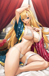 Rule 34 | 1girl, bare shoulders, bikini, blonde hair, blue eyes, breasts, cleavage, curtains, unworn eyewear, gluteal fold, highres, holding, holding pole, kamen america, kamen america (comic), large breasts, long hair, looking at viewer, midriff, navel, on bed, open mouth, pillow, pole, smile, solo, star (symbol), swimsuit, thighs, tony guisado, two-tone dress, weapon, white bikini