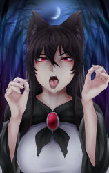 Rule 34 | 1girl, animal ears, bamboo, bamboo forest, black hair, blush, breasts, brooch, crescent moon, dark, dress, female focus, forest, hair between eyes, hands up, highres, imaizumi kagerou, jewelry, large breasts, long hair, long sleeves, looking at viewer, moon, nature, nicutoka, night, night sky, open mouth, red eyes, saliva, sidelocks, sky, solo, taut clothes, taut dress, teeth, tongue, tongue out, touhou, uvula, wide sleeves, wolf ears