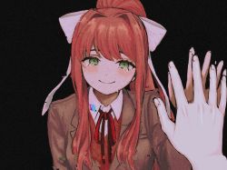 Rule 34 | 1girl, black background, blazer, bow, brown jacket, commentary, crying, crying with eyes open, doki doki literature club, english commentary, film grain, glitch, green eyes, hair bow, hand on glass, highres, jacket, long hair, looking at viewer, monika (doki doki literature club), necktie, ponytail, reaching, reaching towards viewer, red hair, red necktie, renshu usodayo, school uniform, sidelocks, simple background, smile, solo, tears, upper body, white bow