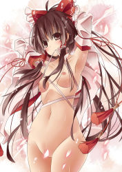 Rule 34 | 1girl, armpits, arms behind head, bow, breasts, brown hair, censored, cherry blossoms, convenient censoring, detached sleeves, female focus, hair bow, hakurei reimu, long hair, mikan (bananoha), mouth hold, nipples, nude, solo, touhou