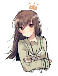 Rule 34 | 10s, 1girl, puff of air, bad id, bad pixiv id, blush, brown hair, closed mouth, crossed arms, crown, ikeuchi tanuma, kantai collection, long hair, looking at viewer, mvp, ooi (kancolle), red eyes, school uniform, serafuku, simple background, sketch, solo, swept bangs, upper body, white background