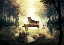 Rule 34 | 1girl, barefoot, blonde hair, chair, dancing, day, doll joints, dress, female focus, forest, halter dress, halterneck, instrument, joints, long hair, nature, original, outdoors, overgrown, piano, plant, puddle, siro (asteblanc), solo, sunlight, water, yellow theme