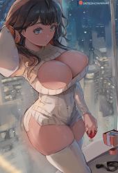 Rule 34 | 1girl, black hair, blue eyes, blush, breasts, cleavage, cleavage cutout, clothing cutout, gridman universe, large breasts, long hair, long sleeves, looking at viewer, meme attire, mirai hikari, open-chest sweater, open mouth, ribbed sweater, snowflakes, solo, ssss.gridman, sweater, takarada rikka, thighhighs, thighs, turtleneck, turtleneck sweater, white sweater, white thighhighs