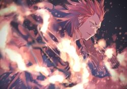 Rule 34 | 1boy, axel (kingdom hearts), black robe, embers, facial mark, facing to the side, fighting stance, fire, furrowed brow, green eyes, hair slicked back, highres, kingdom hearts, kingdom hearts 358/2 days, long hair, male focus, parted lips, red hair, robe, short eyebrows, sideburns, solo, twilight yuuhi, upper body