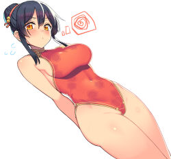 Rule 34 | 1girl, alternate costume, alternate hairstyle, arms behind back, black hair, blush, breasts, covered navel, hair between eyes, hair bun, highleg, highleg swimsuit, highres, kantai collection, large breasts, looking at viewer, one-piece swimsuit, orange eyes, oyashio (kancolle), red one-piece swimsuit, simple background, single hair bun, solo, spoken squiggle, squiggle, swimsuit, taketora suzume, white background