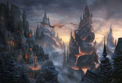 Rule 34 | alayna danner, architecture, castle, city, city lights, cloud, cloudy sky, commentary, dragon, fantasy, flying, fog, forest, fountain, gothic architecture, highres, landscape, lava, mountain, nature, no humans, outdoors, pine tree, scenery, sky, snow, sunset, tower, tree