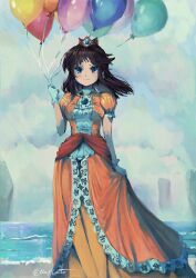 Rule 34 | 1girl, absurdres, balloon, beach, blue eyes, brooch, cloud, cloudy sky, crown, dress, ellanotte, gloves, highres, holding, holding balloon, jewelry, lonely, long hair, looking at viewer, mario (series), nintendo, ocean, orange dress, princess daisy, signature, skirt grab, sky, standing, super mario land, tearing up, water, white gloves