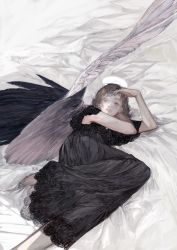 Rule 34 | 1girl, angel wings, asymmetrical wings, bed sheet, black dress, black wings, brown eyes, brown hair, commentary, dress, english commentary, feathered wings, feet out of frame, hand on own head, highres, lace, lace-trimmed dress, lace-trimmed sleeves, lace trim, long hair, looking at viewer, lying, mismatched wings, on side, original, parted lips, syalgu, white wings, wings