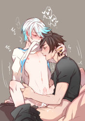 Rule 34 | 2boys, anal, blue hair, blush, brown hair, clothed sex, clothes, erection, holding legs, legs apart, male focus, male penetrated, mikleo (tales), multiple boys, nipple stimulation, nipple tweak, penis, sex, size difference, sorey (tales), tagme, tales of (series), tales of zestiria, uncensored, yaoi