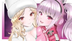 Rule 34 | 2girls, alice (nikke), blonde hair, bodysuit, breasts, breasts squeezed together, cleavage, cropped jacket, dress, fur hat, fur trim, goddess of victory: nikke, h3xennacht, hat, headphones, headset, highres, jacket, large breasts, looking at viewer, ludmilla (nikke), multiple girls, open mouth, orange eyes, pink bodysuit, pink eyes, pink hair, pink theme, scarf, sidelocks, simple background, skin tight, smile, swept bangs, twintails, wavy hair, white dress