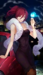 1girl aozaki_touko arm_support black_dress black_legwear blue_fire breasts cleavage collarbone covered_navel dress earrings fire floating_hair hair_between_eyes highres jewelry kara_no_kyoukai large_breasts long_hair looking_at_viewer night outdoors parted_lips ponytail red_eyes red_hair scarf sleeveless sleeveless_dress solo standing strapless strapless_dress sudou_tomonori white_scarf