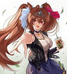 Rule 34 | 1girl, absurdres, alternate costume, animal ears, antenna hair, black jacket, blue skirt, blurry, blurry background, blush, bow, breasts, choker, cleavage, commentary request, cup, daiwa scarlet (umamusume), delfin59, disposable cup, drinking straw, fang, gyaru v, hair between eyes, hair intakes, highres, holding, holding cup, horse ears, horse girl, horse tail, jacket, large breasts, long hair, long sleeves, looking at viewer, open clothes, open jacket, open mouth, pendant choker, pink bow, purple choker, red eyes, red hair, simple background, skirt, smile, solo, tail, tiara, twintails, umamusume, v, very long hair, white background