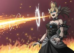 Rule 34 | 1girl, armlet, bare shoulders, black collar, black dress, black nails, blonde hair, blue eyes, bowsette, bracelet, breasts, breath weapon, breathing fire, cleavage, collar, commentary, dress, fingernails, fire, highres, jewelry, jourd4n, mario (series), nail polish, new super mario bros. u deluxe, nintendo, off-shoulder dress, off shoulder, open mouth, pointy ears, ponytail, sharp fingernails, sharp teeth, solo, spiked armlet, spiked bracelet, spiked collar, spiked shell, spikes, standing, super crown, teeth, turtle shell