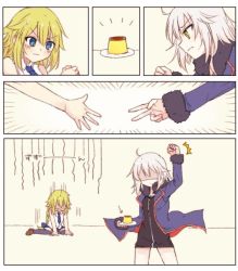 Rule 34 | 2girls, ahoge, anmitsu prv, arm up, bad id, bad twitter id, blonde hair, blue eyes, braid, clenched hand, comic, commentary request, dual persona, fate/grand order, fate (series), food, fur trim, jacket, jeanne d&#039;arc (fate), jeanne d&#039;arc (girl from orleans) (fate), jeanne d&#039;arc (ruler) (fate), jeanne d&#039;arc alter (fate), jeanne d&#039;arc alter (ver. shinjuku 1999) (fate), long braid, multiple girls, official alternate costume, open clothes, open jacket, pudding, rock paper scissors, shaded face, short hair, silent comic, single braid, sitting, sweat, thighhighs, v, white hair, yellow eyes
