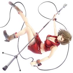 Rule 34 | 1girl, bare shoulders, boots, breasts, brown eyes, brown hair, cable, chabane, cleavage, clenched hand, collar, collarbone, crop top, falling, full body, glowing, high heels, knees together feet apart, lace, lace-trimmed skirt, lace trim, large breasts, layered skirt, meiko (vocaloid), meiko (vocaloid3), microphone, microphone stand, midriff, nail polish, navel, outstretched arm, skirt, smile, solo, transparent background, vocaloid, wire, wrist cuffs, zipper