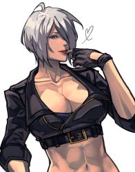 Rule 34 | abs, angel (kof), blue eyes, bra, breasts, cleavage, collarbone, cropped jacket, fingerless gloves, gloves, hair over one eye, jacket, large breasts, leather, leather jacket, licking, licking finger, mexico, midriff, navel, simple background, snk, solo, strapless, strapless bra, syachiiro, the king of fighters, the king of fighters 2001, the king of fighters xiv, toned, underwear, white background, white hair
