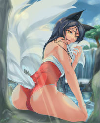 Rule 34 | 1girl, ahri (league of legends), alliszero, animal ears, ass, bare shoulders, black hair, cameltoe, fang, female focus, fox ears, fox tail, highres, league of legends, light rays, long hair, one-piece swimsuit, open mouth, sitting, solo, sunbeam, sunlight, swimsuit, tail, water, waterfall, yellow eyes