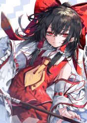 Rule 34 | 1girl, absurdres, ascot, black hair, bow, closed mouth, detached sleeves, hair bow, hair tubes, hakurei reimu, highres, holding, looking at viewer, medium hair, muraryo, nail polish, nontraditional miko, red bow, red eyes, red nails, red shirt, red skirt, ribbon-trimmed sleeves, ribbon trim, shirt, simple background, skirt, smile, smug, solo, touhou, white background, wide sleeves, yellow ascot
